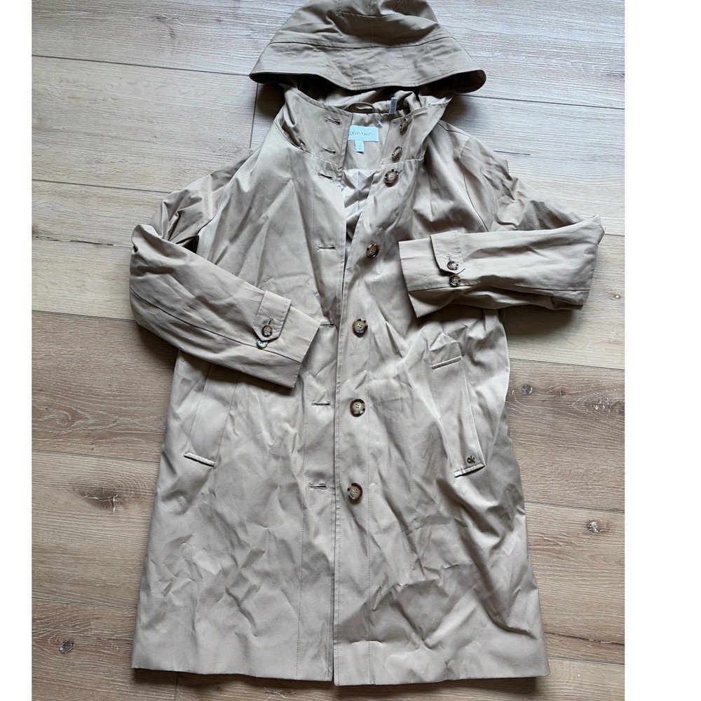 Calvin Klein Womens Khaki Trench Coat w Hood Tan Sz Medium classic jacket beige